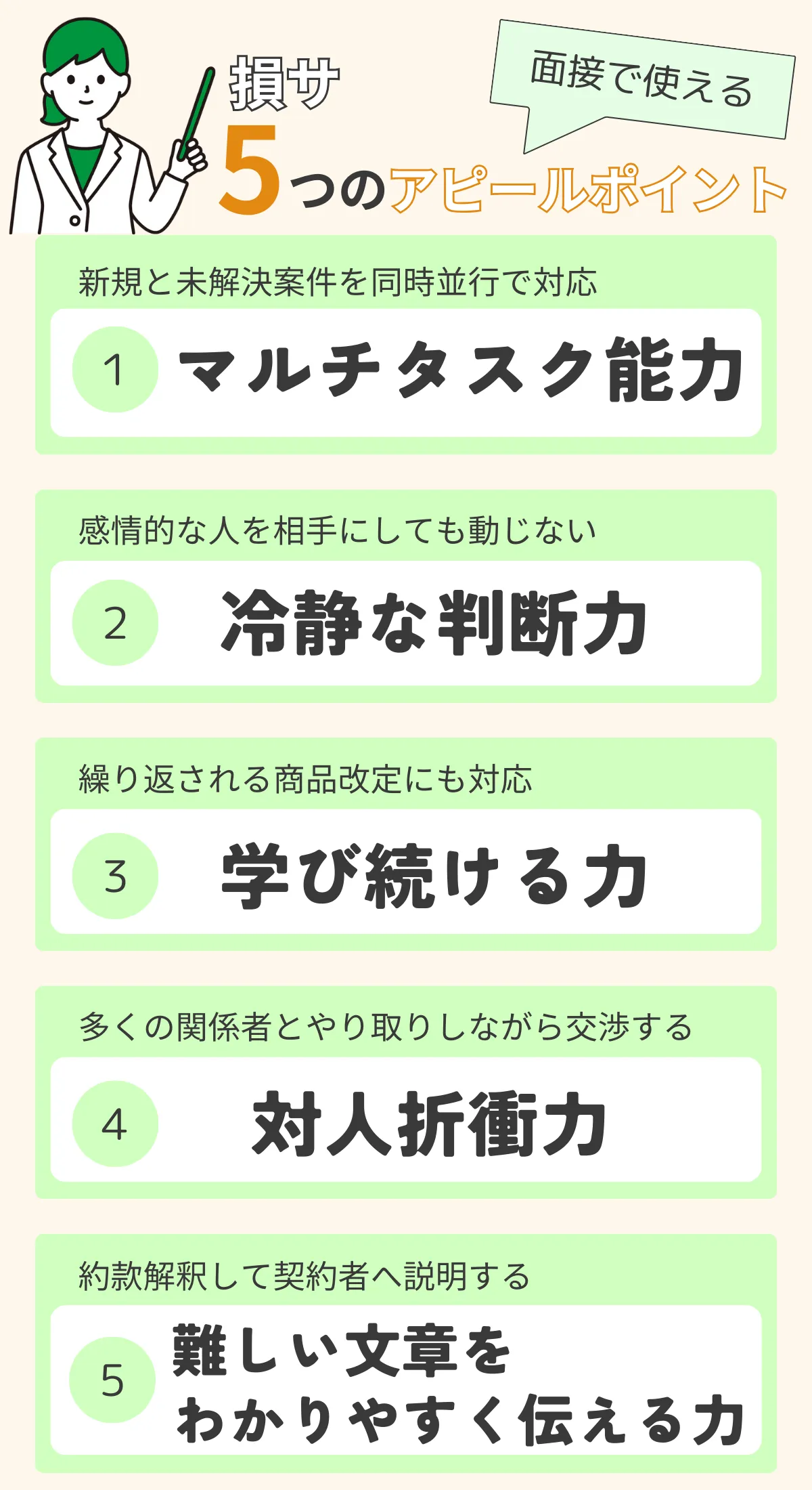 1.マルチタスク能力2.冷静な判断力3.学び続ける力4.対人折衝力5.難しい文章をわかりやすく伝える力